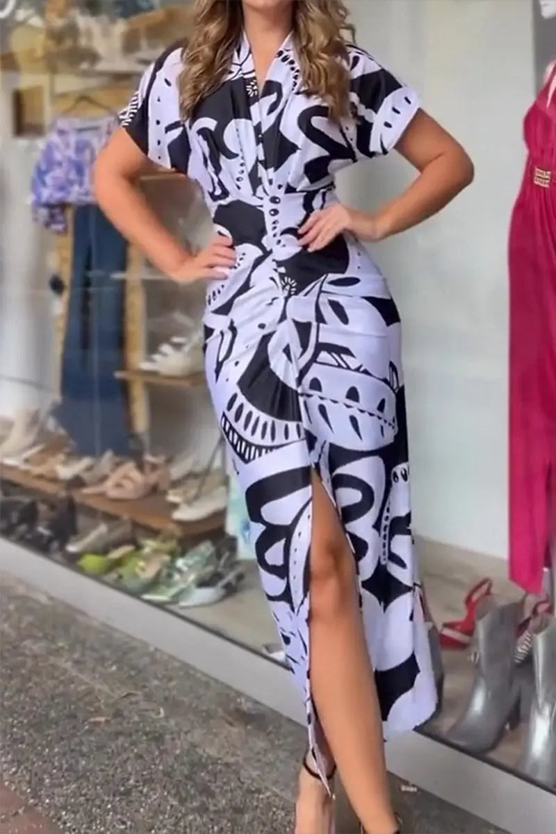 Casual Street Geometric Print Slit V Neck One Step Skirt Dresses  Fashionpara