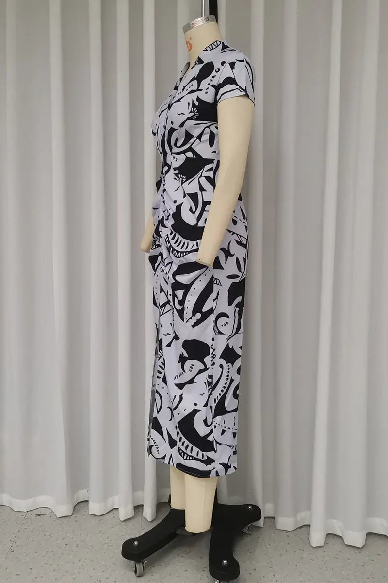 Casual Street Geometric Print Slit V Neck One Step Skirt Dresses  Fashionpara