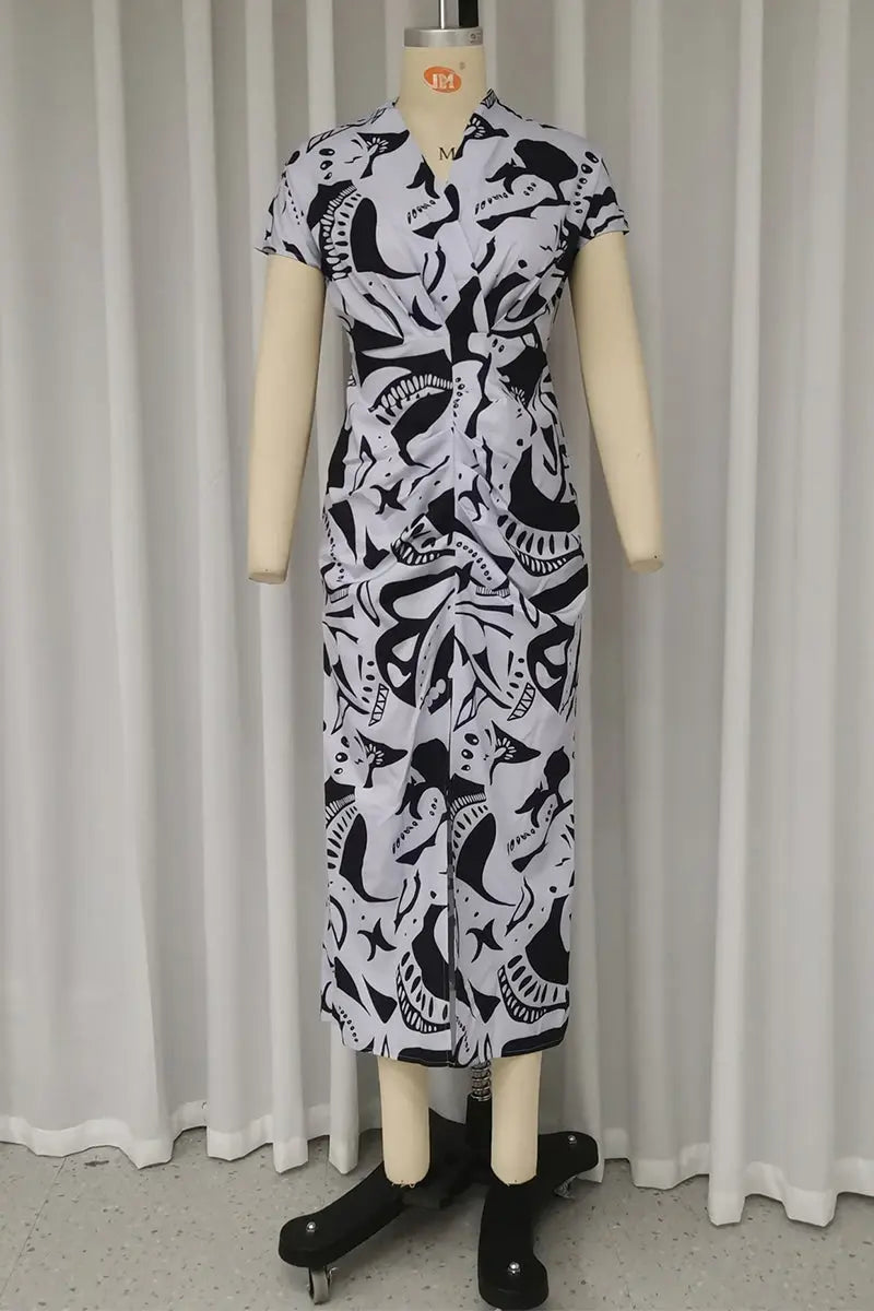 Casual Street Geometric Print Slit V Neck One Step Skirt Dresses  Fashionpara