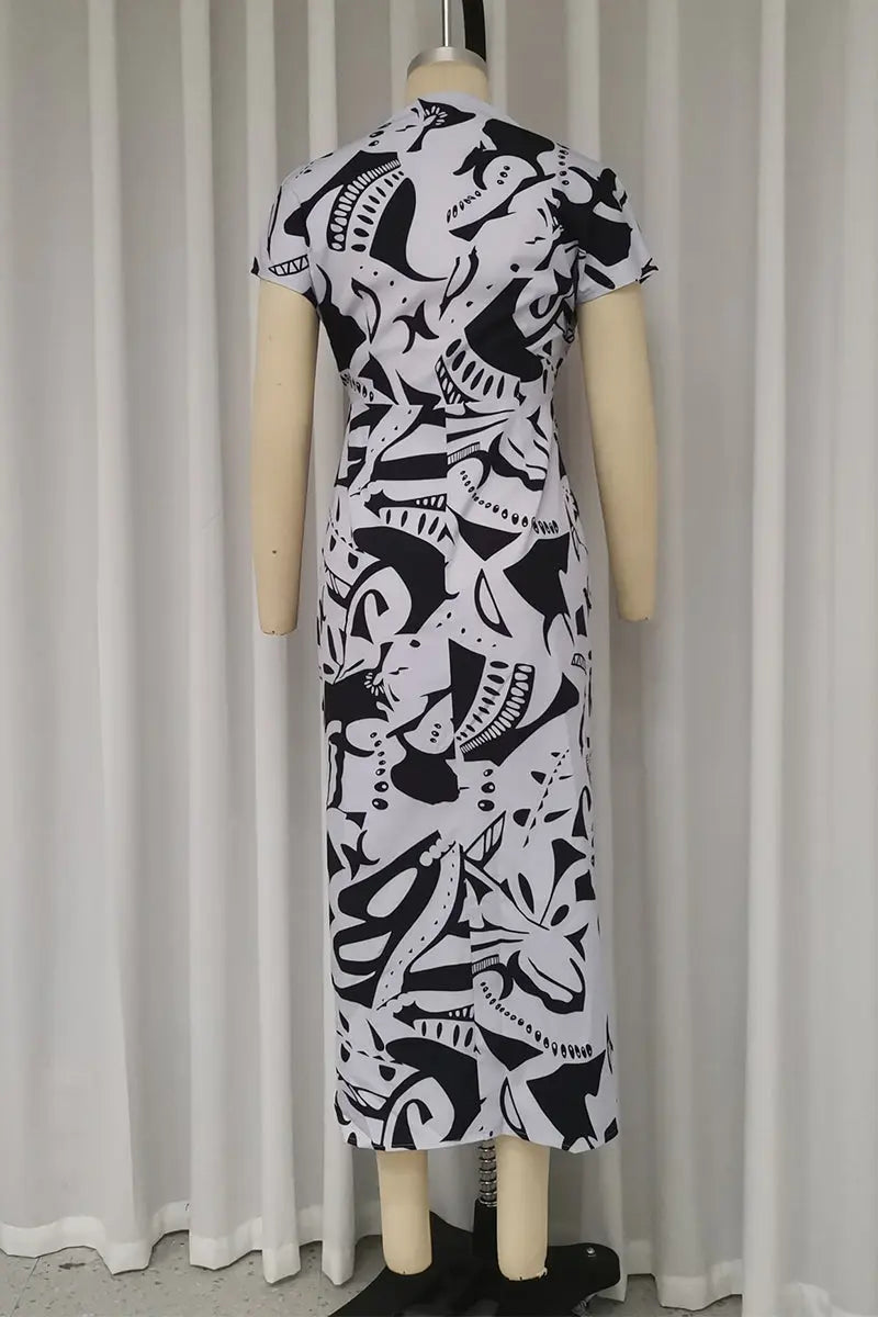 Casual Street Geometric Print Slit V Neck One Step Skirt Dresses  Fashionpara