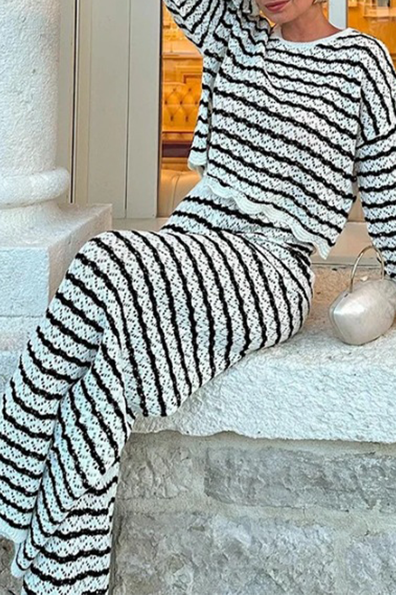 Casual Stripe Weave Contrast O Neck Long Sleeve Two Pieces - Fashionpara