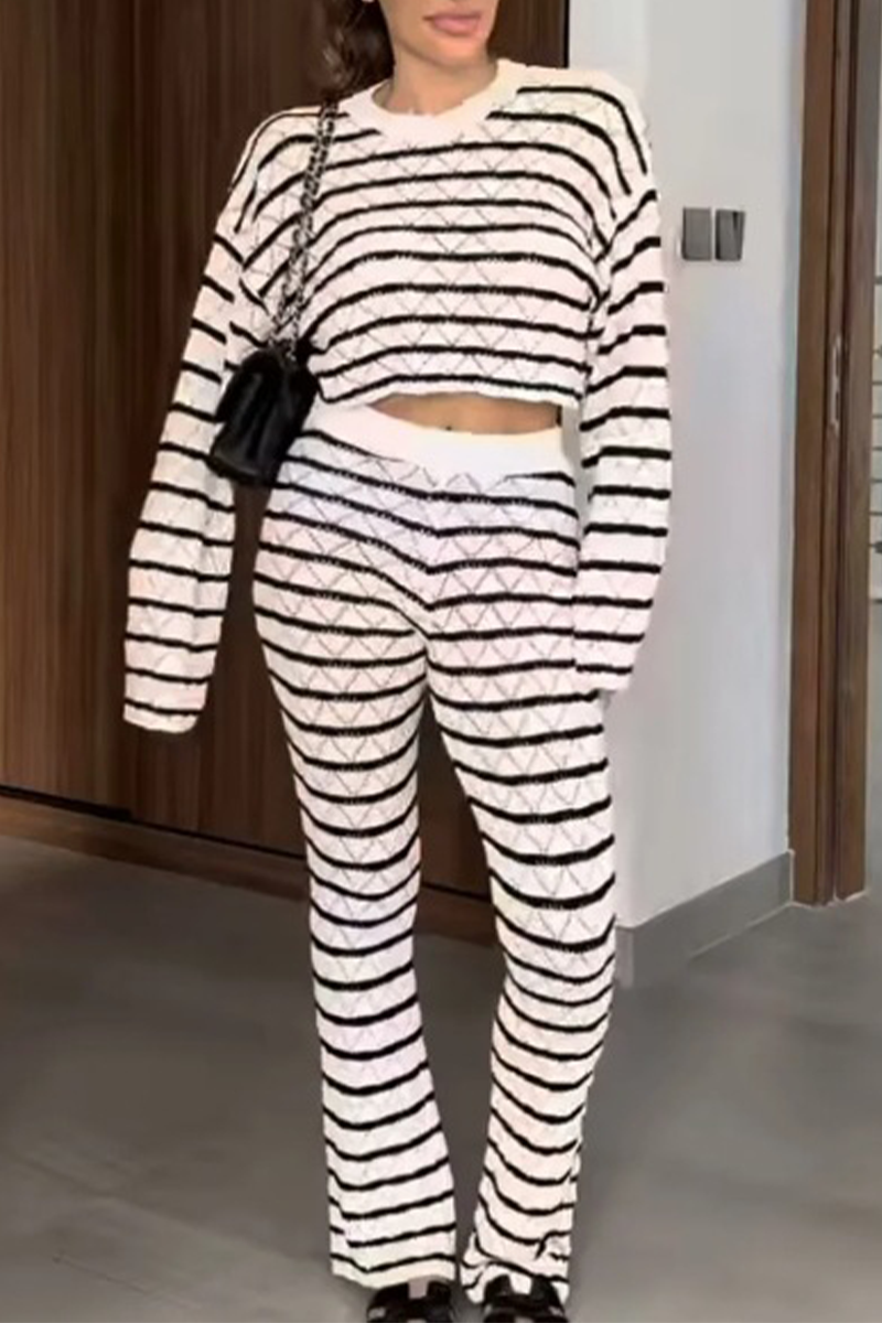 Casual Stripe Weave Contrast O Neck Long Sleeve Two Pieces - Fashionpara