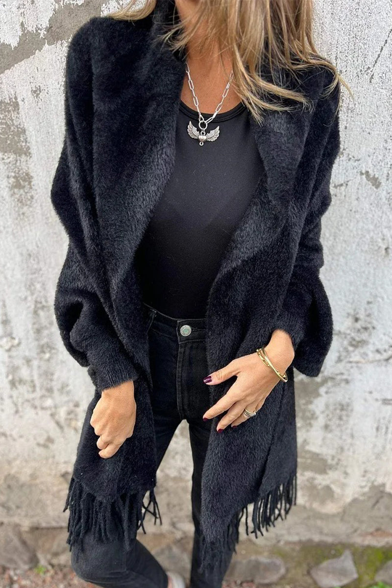 Fringed Trim Fluffy Shawl Collar Outerwear in 3 Colors