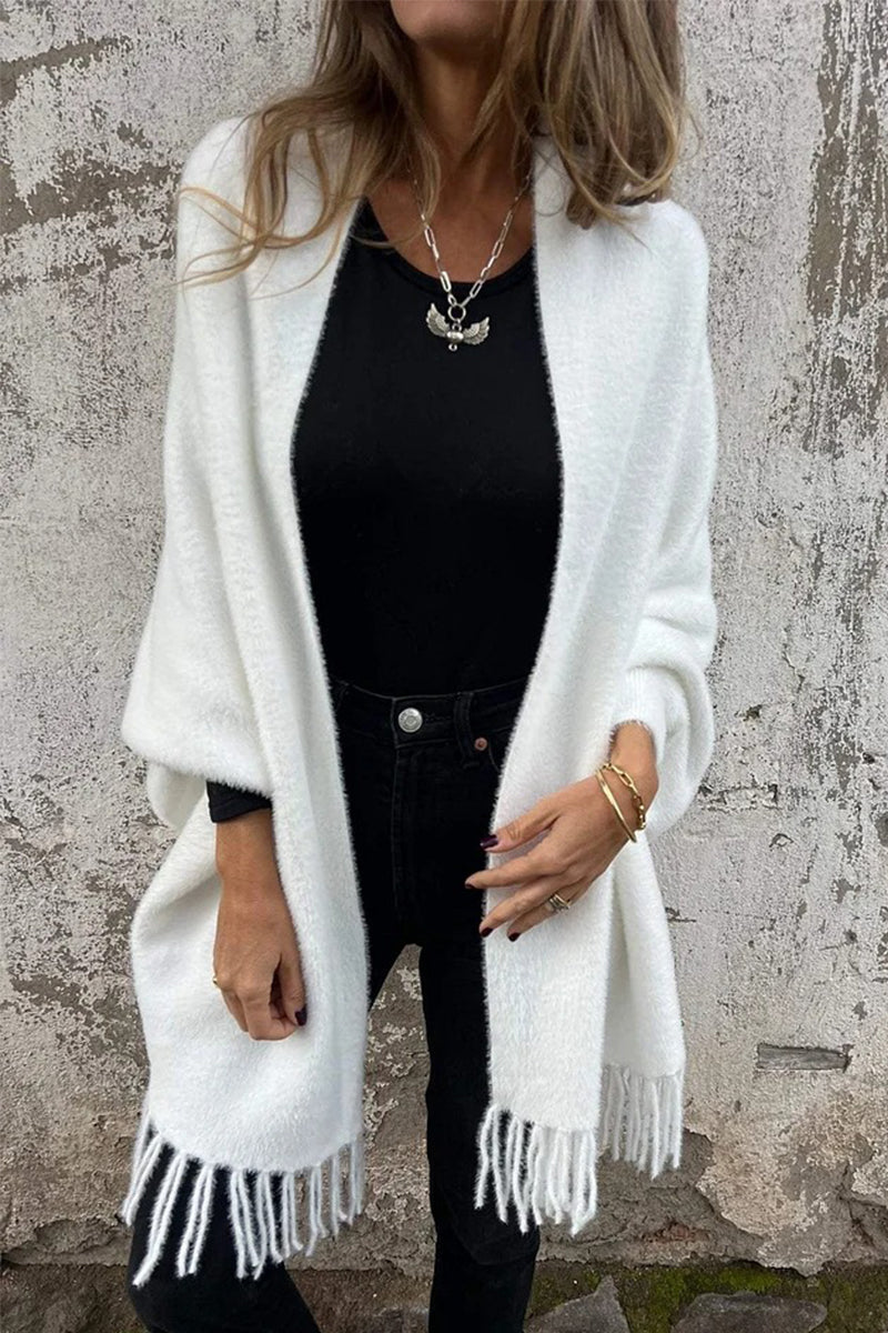 Fringed Trim Fluffy Shawl Collar Outerwear in 3 Colors