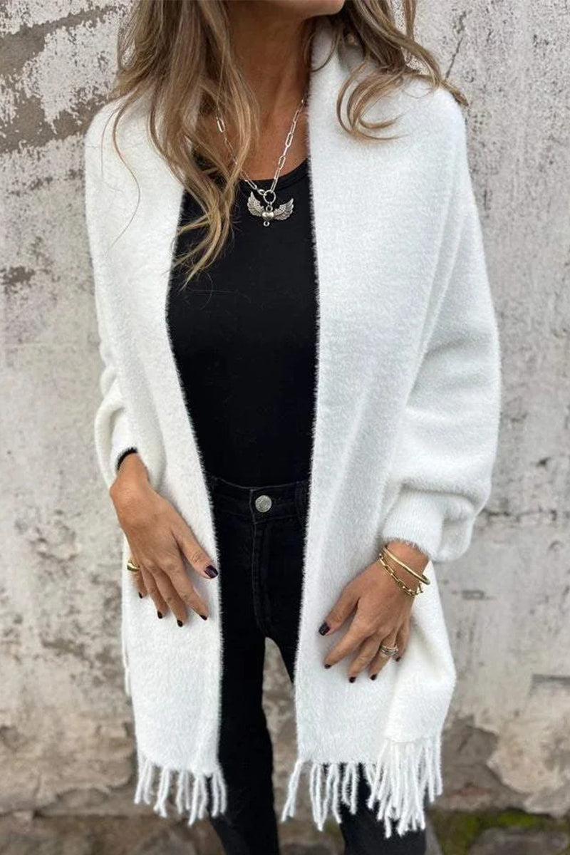 Fringed Trim Fluffy Shawl Collar Outerwear in 3 Colors