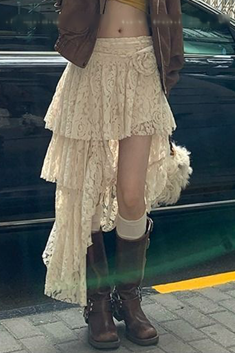 Casual Street Lace Irregular High Waist Bottoms - Fashionpara