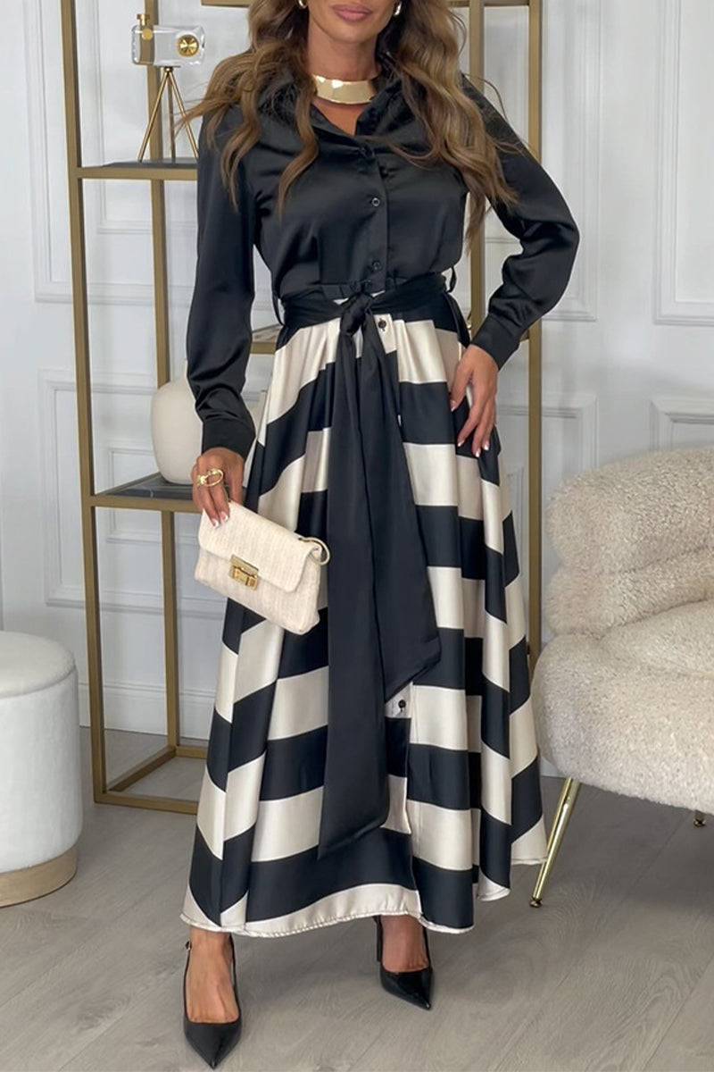 Elegant Stripe Lace Up Contrast Turndown Collar Shirt Dresses - Fashionpara