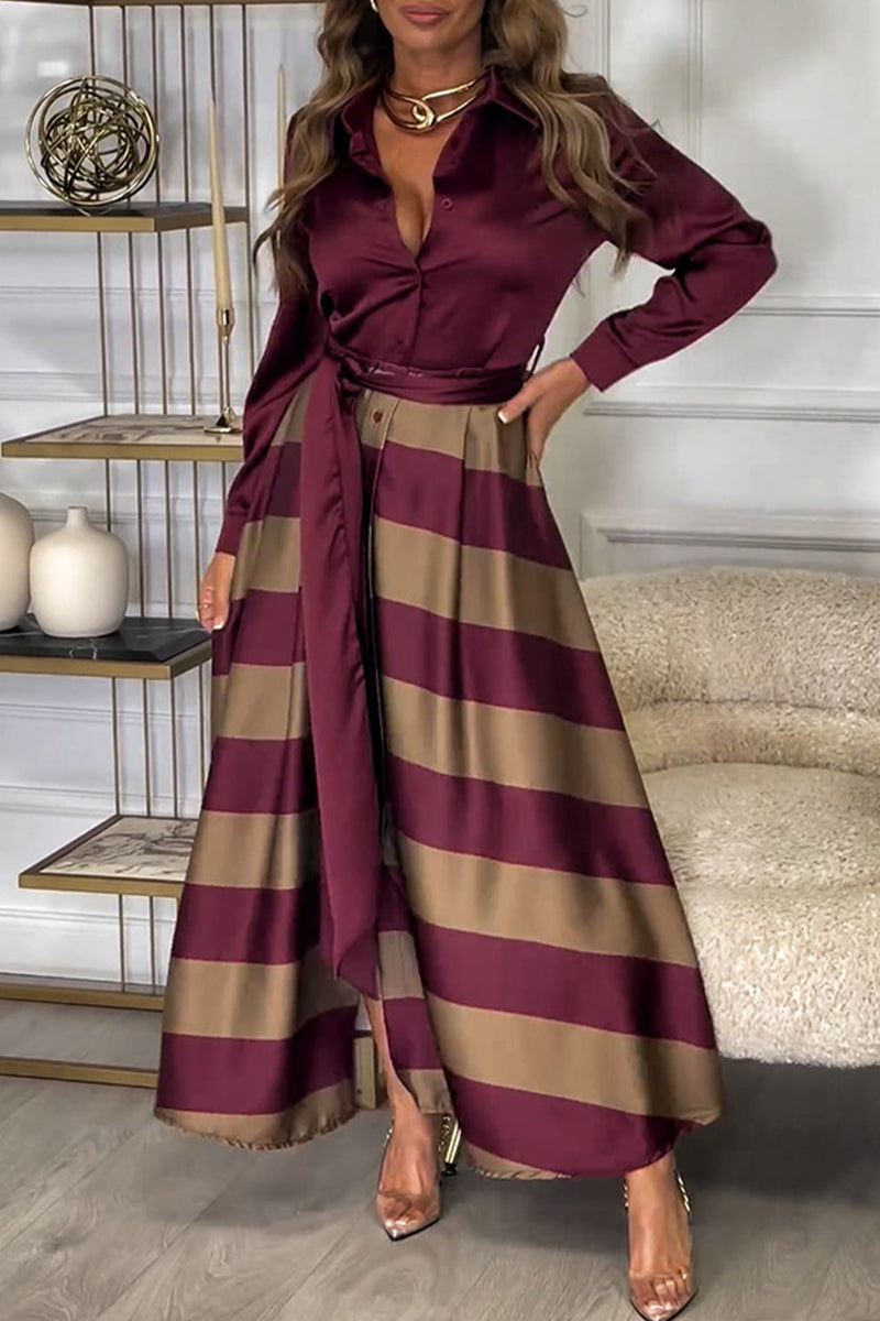 Elegant Stripe Lace Up Contrast Turndown Collar Shirt Dresses - Fashionpara