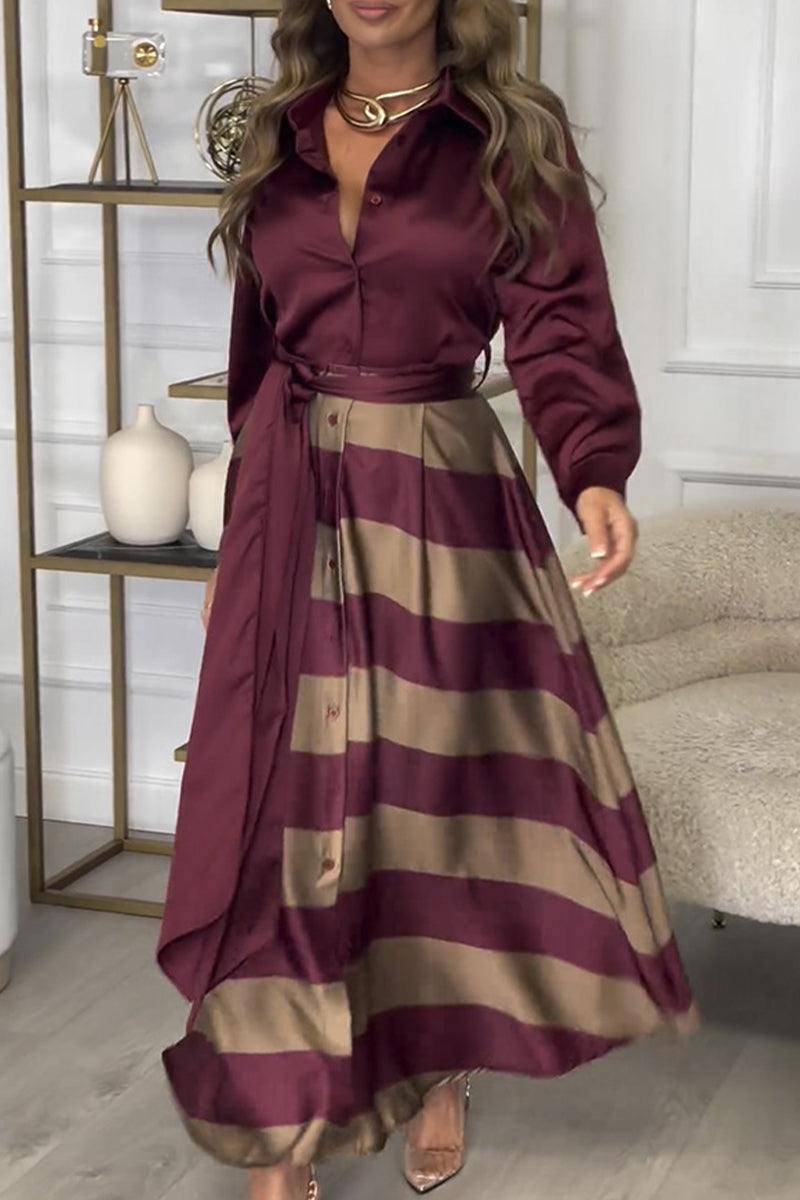 Elegant Stripe Lace Up Contrast Turndown Collar Shirt Dresses - Fashionpara