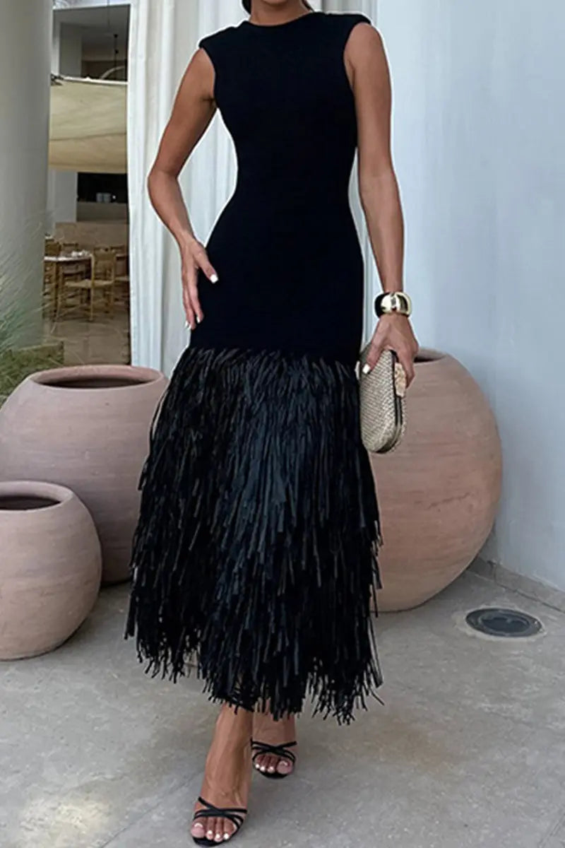 Casual Party Fringed Trim O Neck Sleeveless Dresses  Fashionpara