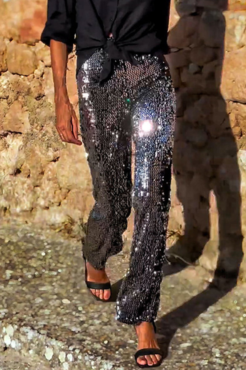 Casual Street Sequins Loose High Waist Straight Patchwork Bottoms - Fashionpara