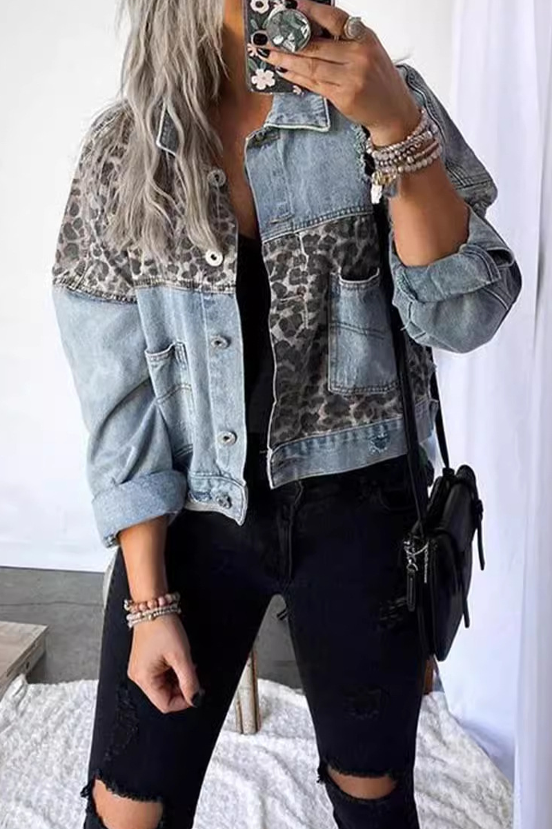 Leopard Print Contrast Denim Jacket with Stylish Buttons