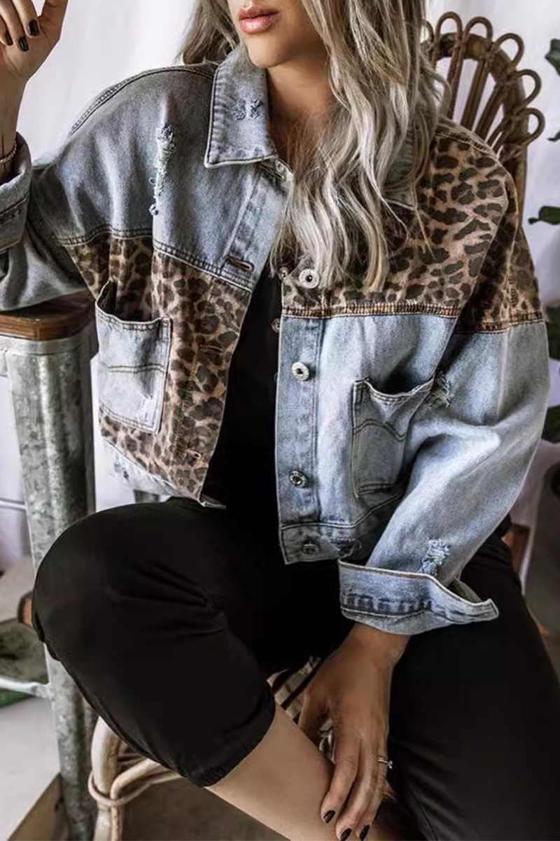Leopard Print Contrast Denim Jacket with Stylish Buttons