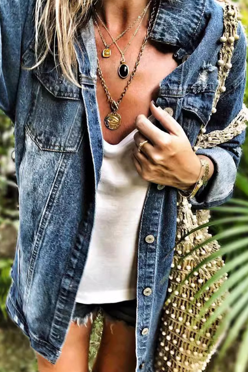 Bohonini Casual Ripped Denim Jacket with Turndown Collar