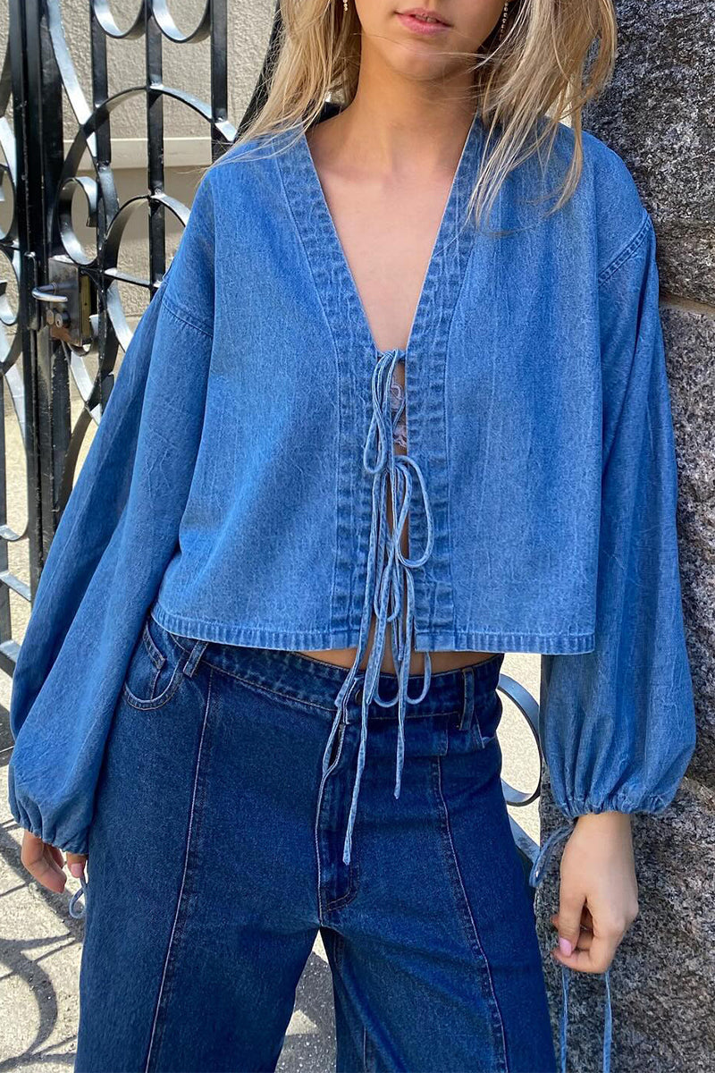Lace-Up V Neck Casual Denim Jacket for Effortless Style