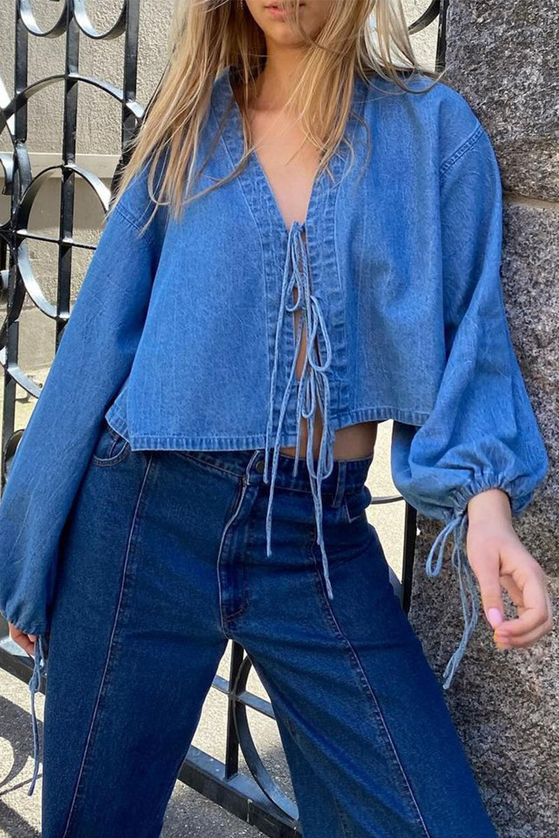 Lace-Up V Neck Casual Denim Jacket for Effortless Style