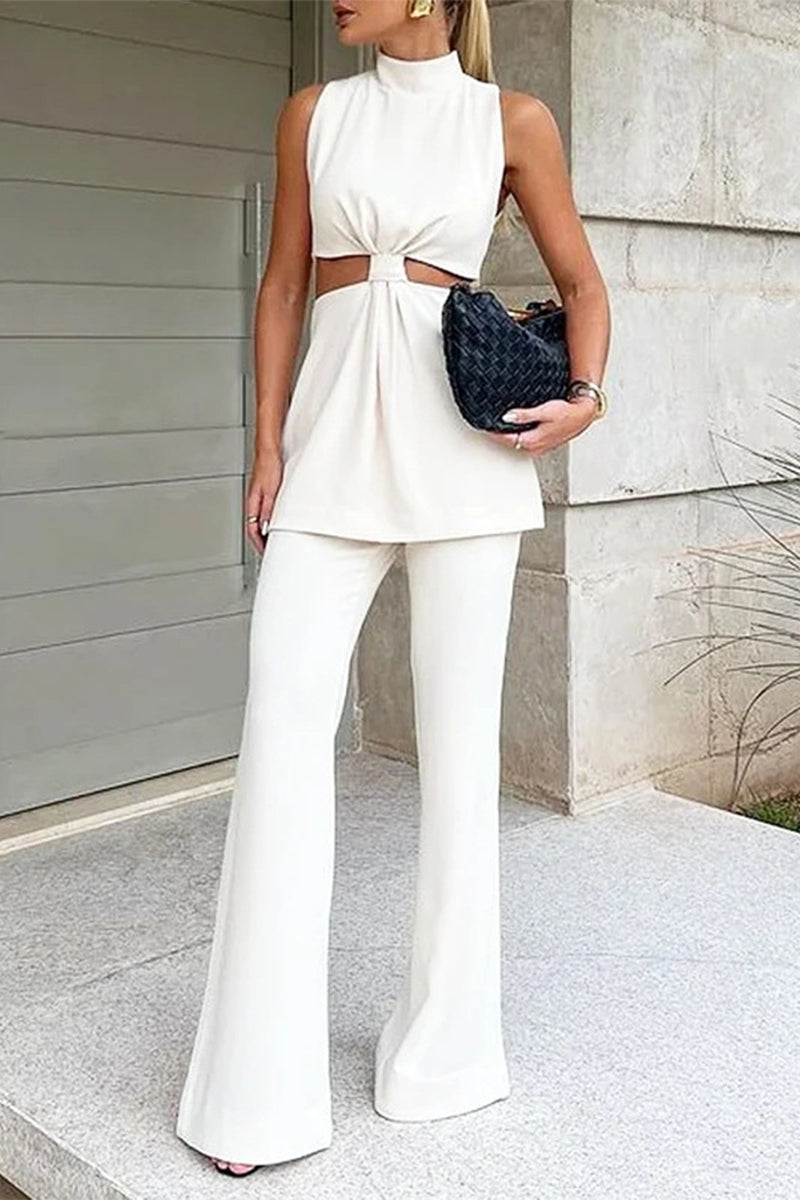 Casual Street Hollow Out Half A Turtleneck Sleeveless Two Pieces - Fashionpara