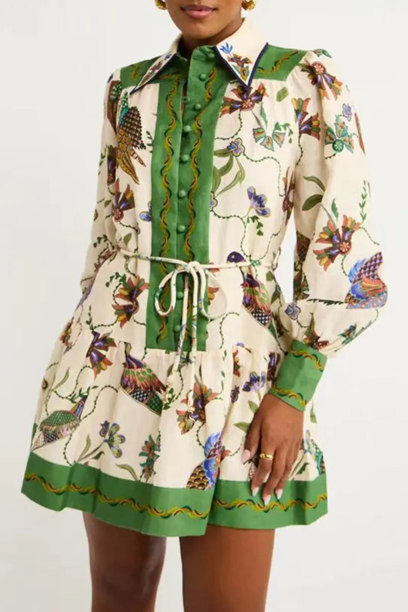 Casual Animal Print Lace Up Contrast Turndown Collar Shirt Dresses  Fashionpara