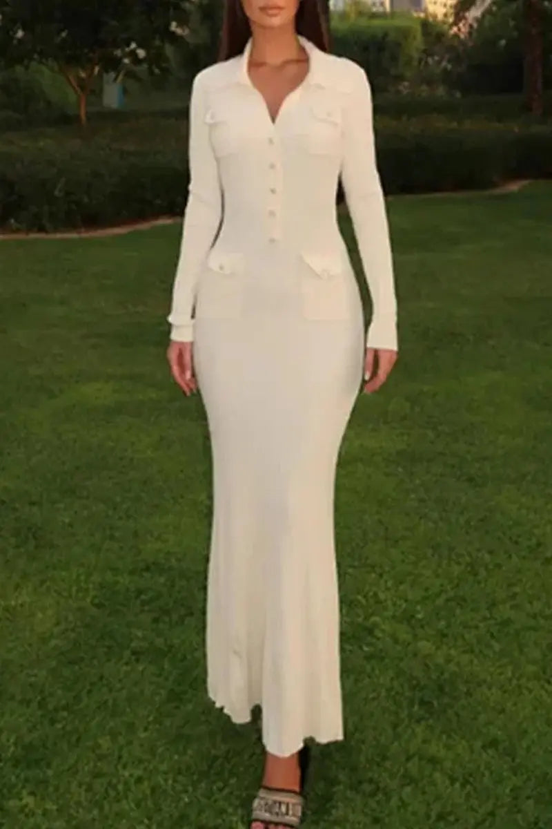 Celebrities Elegant Pocket Buckle Ruffle Turndown Collar Long Sleeve Dresses  Fashionpara