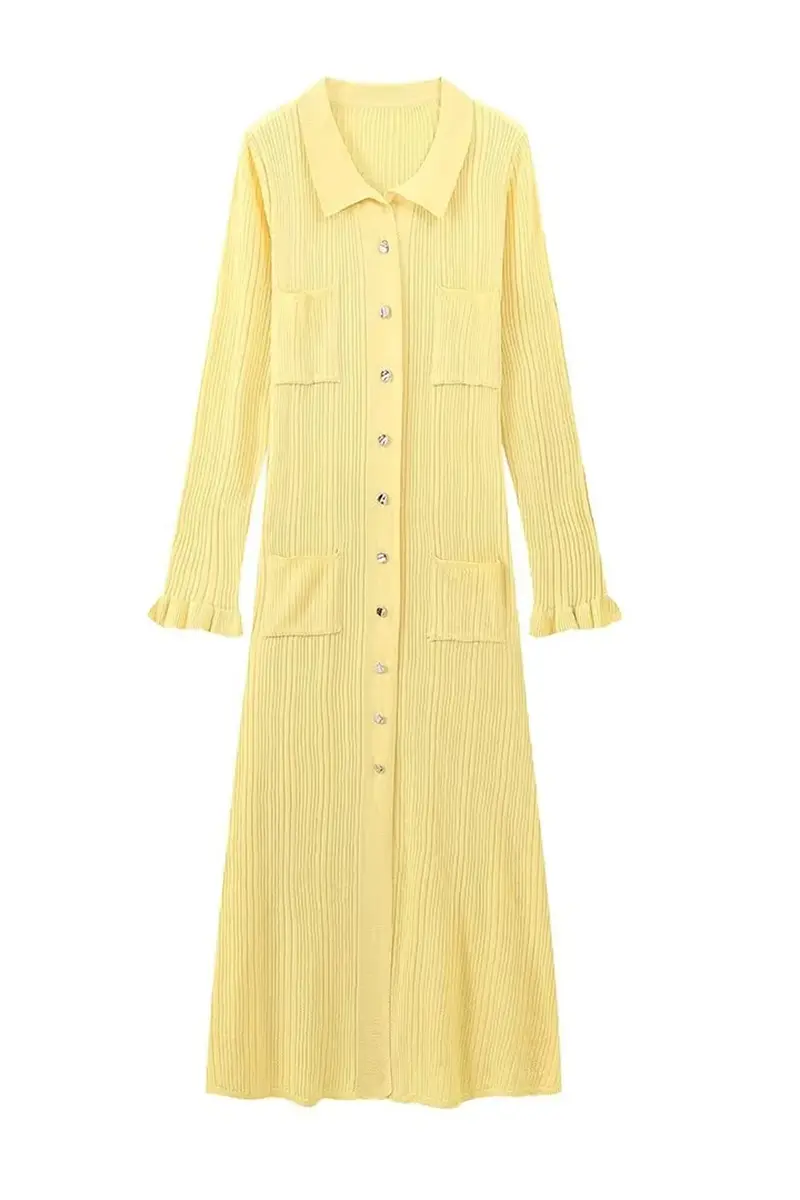 Celebrities Elegant Pocket Buckle Ruffle Turndown Collar Long Sleeve Dresses  Fashionpara