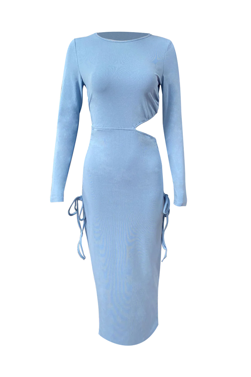 Casual Daily Hollow Out Draw String O Neck One Step Skirt Dresses - Fashionpara