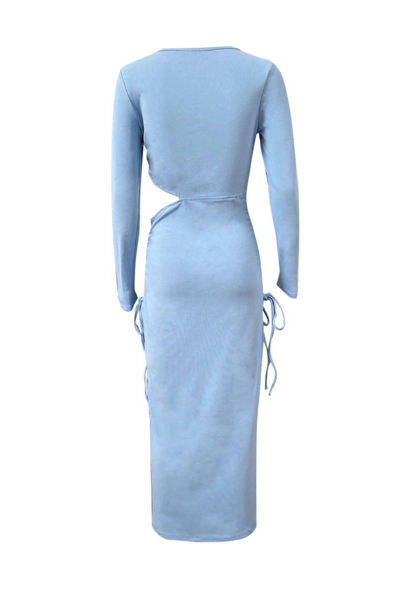 Casual Daily Hollow Out Draw String O Neck One Step Skirt Dresses - Fashionpara