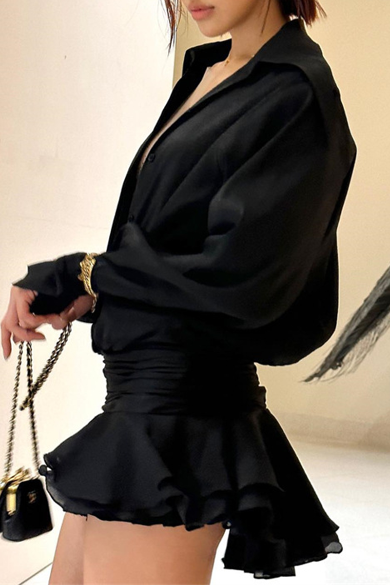 Sexy Ruched Without Belt Ruffle Irregular Hem Turndown Collar Shirt Dresses(No Belt) - Fashionpara