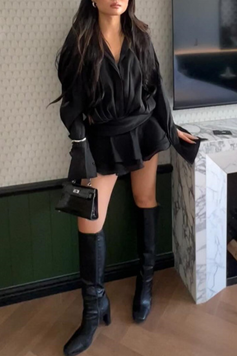 Sexy Ruched Without Belt Ruffle Irregular Hem Turndown Collar Shirt Dresses(No Belt) - Fashionpara