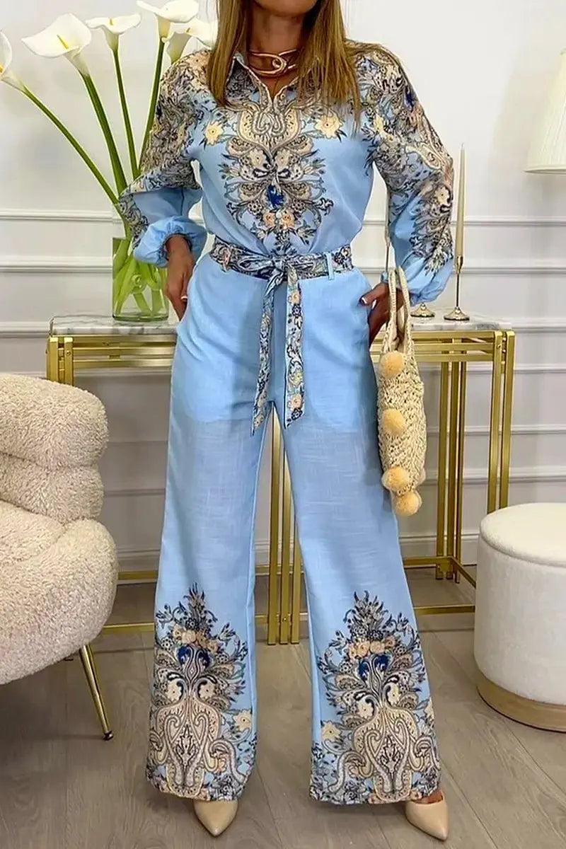 Casual Floral Print Lace Up Patchwork Turndown Collar Long Sleeve Two Pieces  Fashionpara