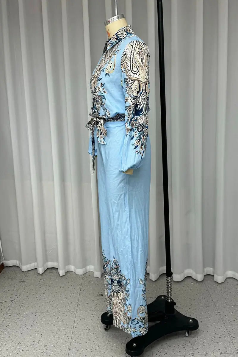 Casual Floral Print Lace Up Patchwork Turndown Collar Long Sleeve Two Pieces  Fashionpara