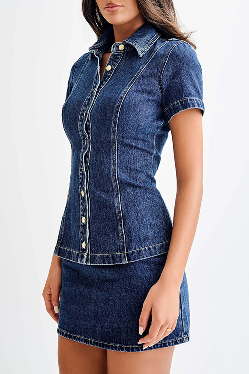 Casual Street Distressed Buttons Turndown Collar Short Sleeve Two Pieces - Fashionpara