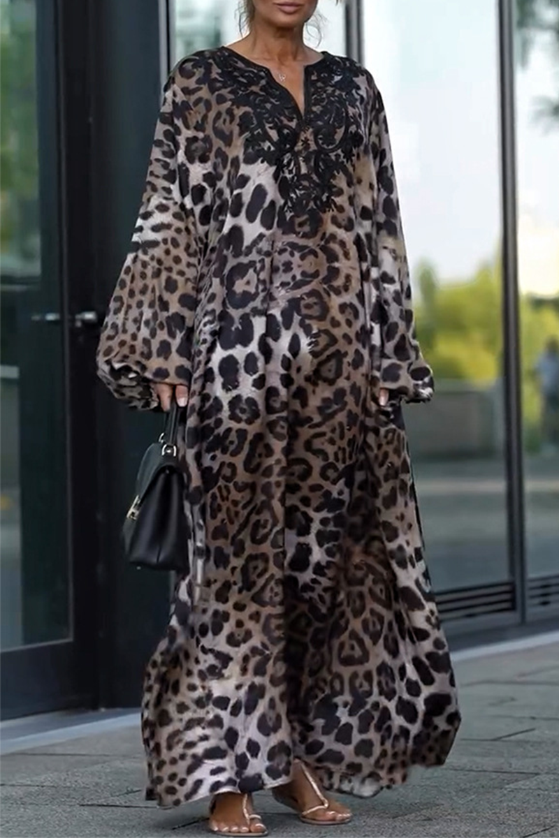 Casual Street Leopard Patchwork V Neck Long Dresses - Fashionpara