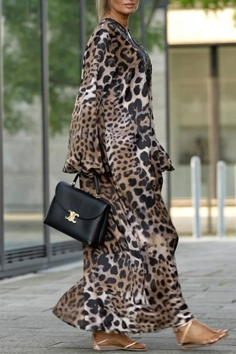 Casual Street Leopard Patchwork V Neck Long Dresses - Fashionpara