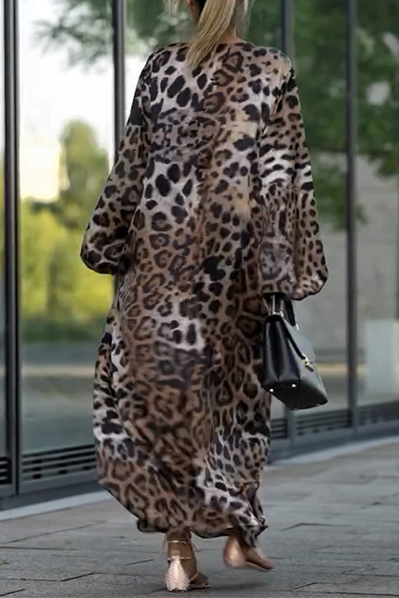 Casual Street Leopard Patchwork V Neck Long Dresses - Fashionpara