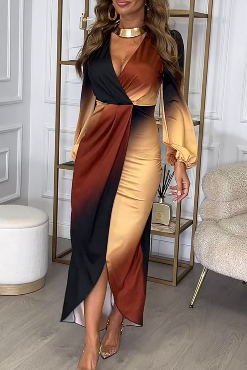 Elegant Gradient Color Irregular Contrast V Neck One Step Skirt Dresses - Fashionpara