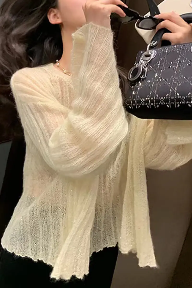 Casual Street Solid Color Tinsel O Neck Tops(3 Colors) - Fashionpara