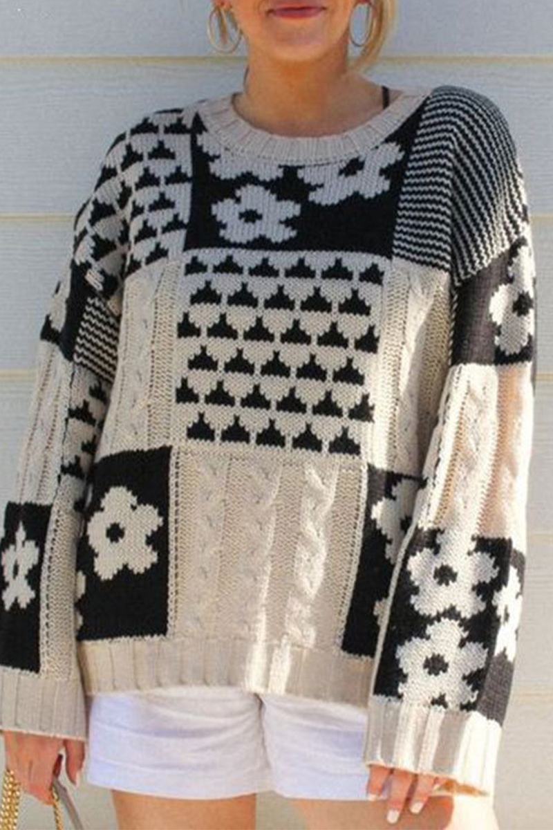 Bohonini Colorblock Flower Weave O Neck Casual Sweater