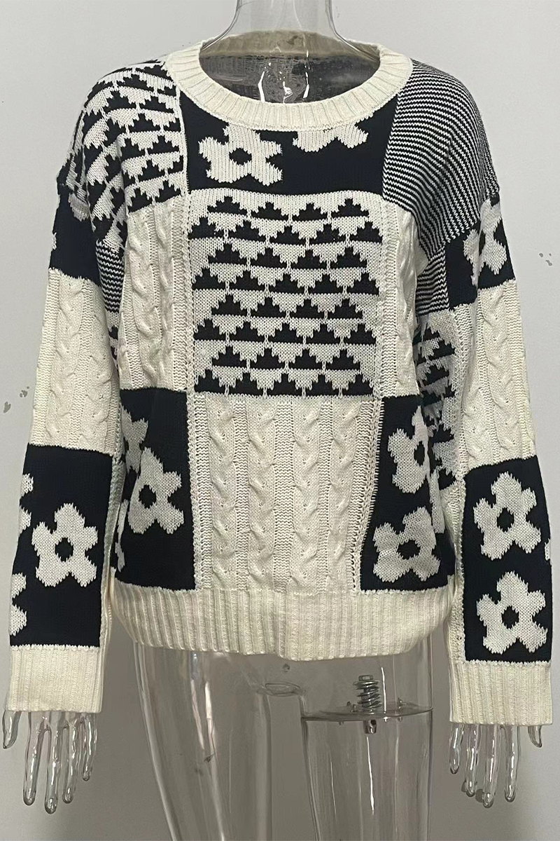 Bohonini Colorblock Flower Weave O Neck Casual Sweater