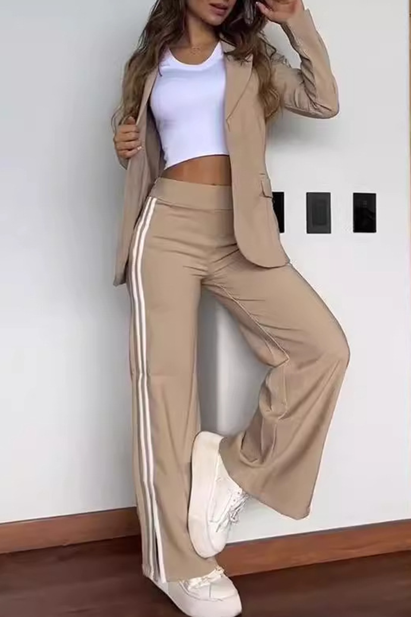 Casual Street Stripe Patchwork Slit Turn-back Collar Long Sleeve Two Pieces(5 Colors) - Fashionpara