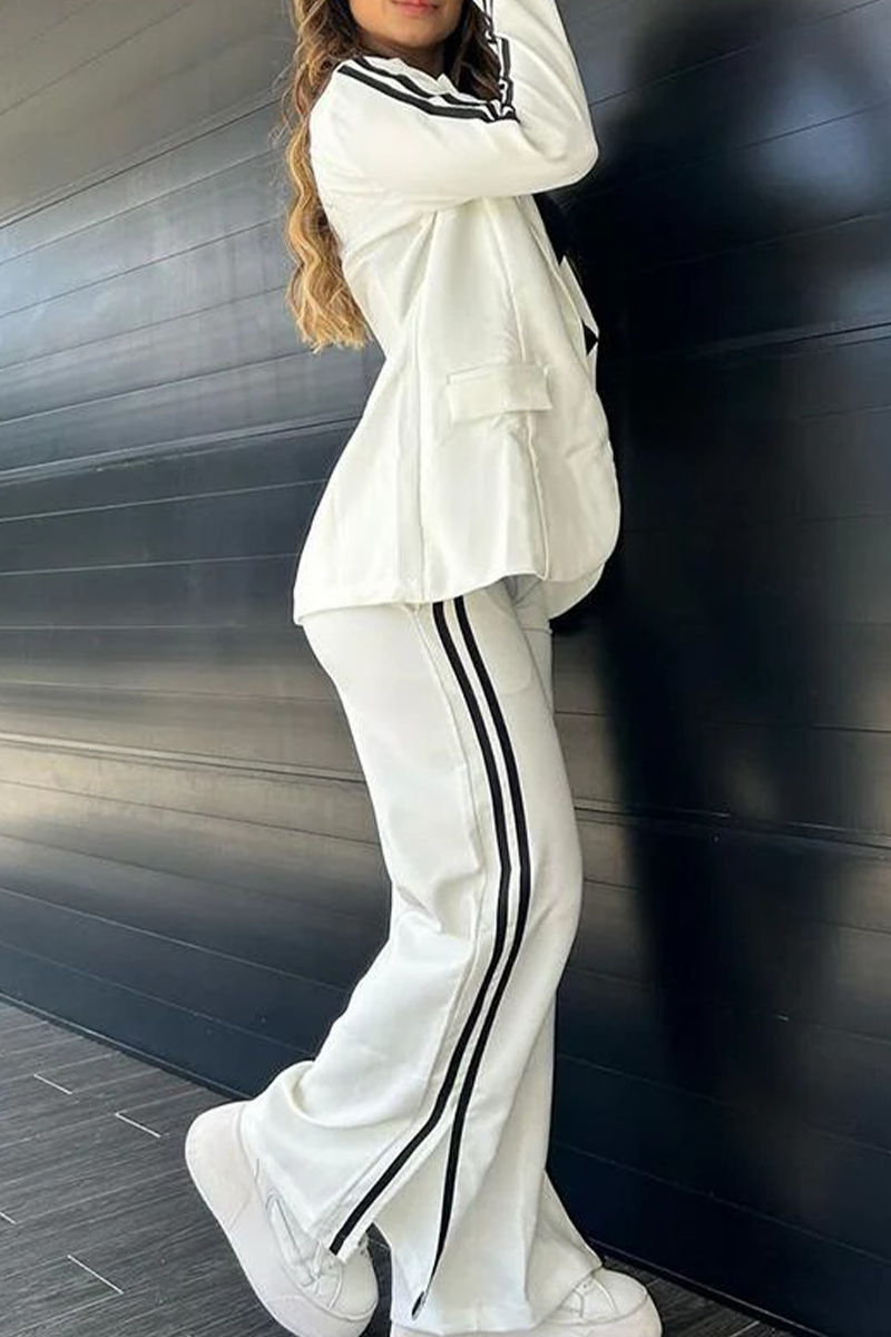 Casual Street Stripe Patchwork Slit Turn-back Collar Long Sleeve Two Pieces(5 Colors) - Fashionpara