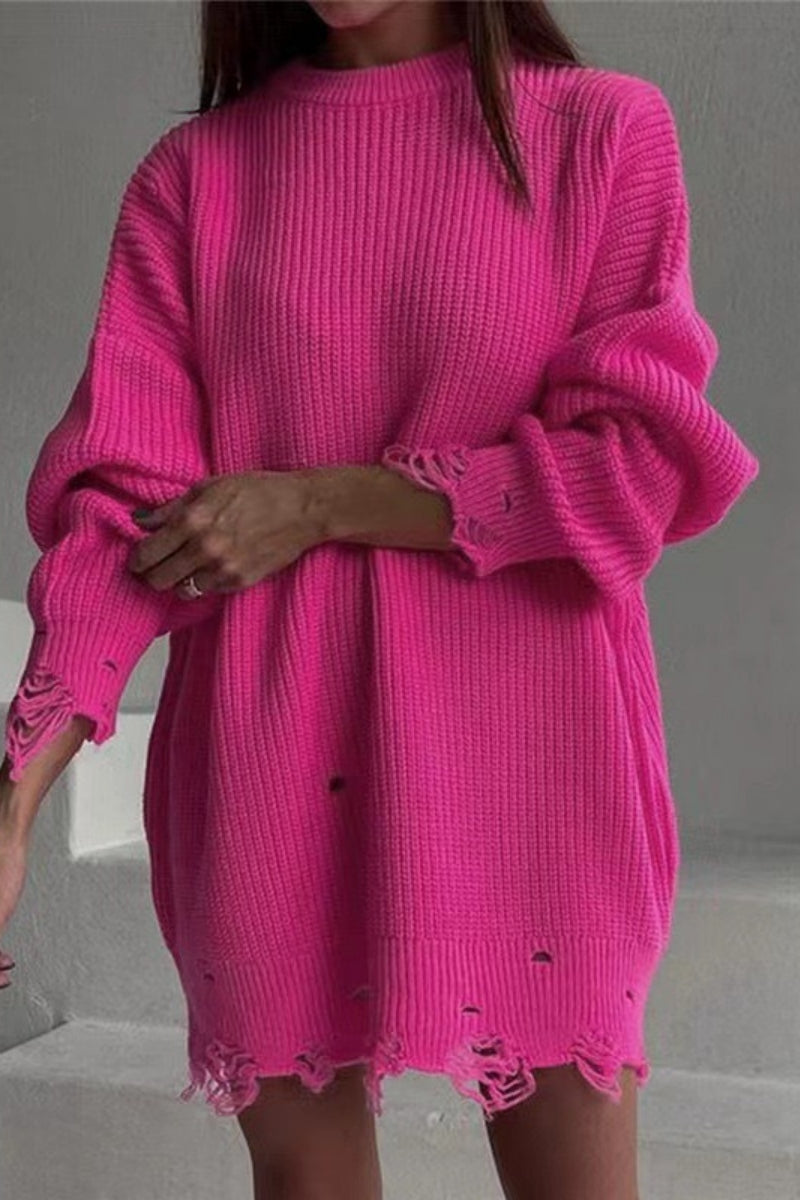 Florcoo Casual Ripped O Neck Sweater in 8 Stylish Colors