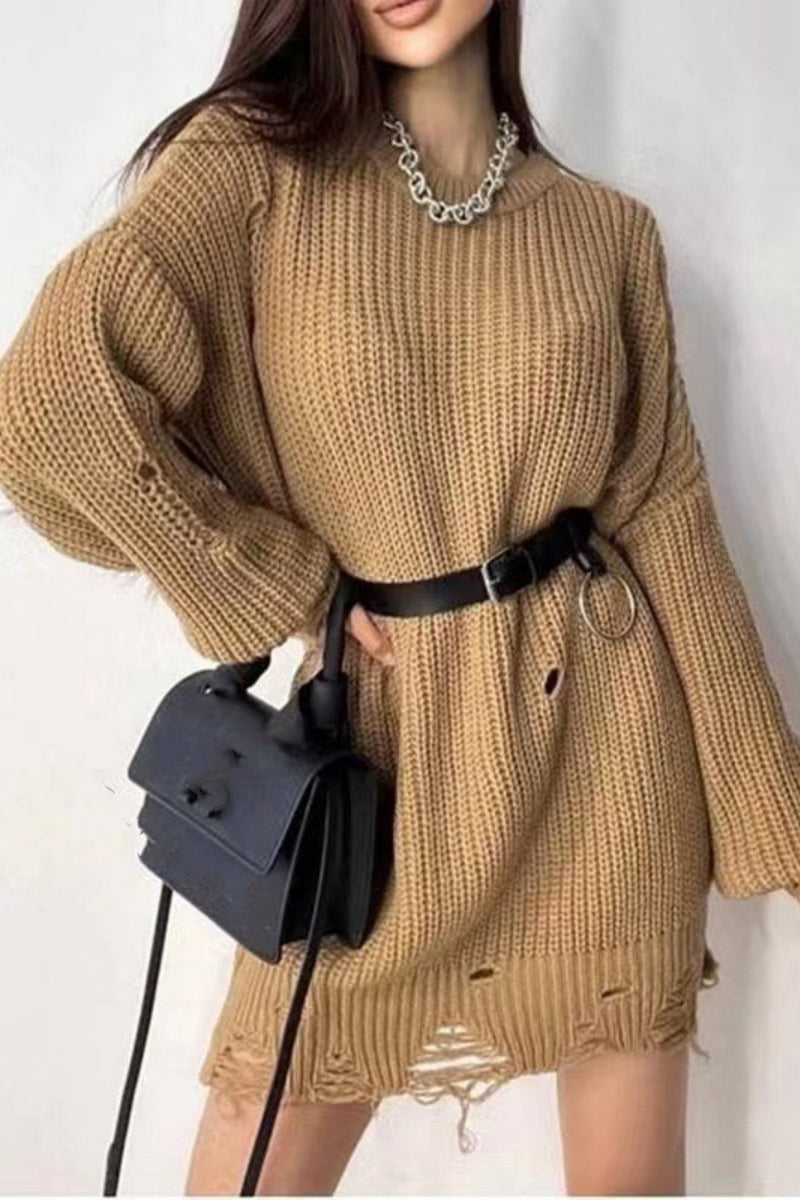 Florcoo Casual Ripped O Neck Sweater in 8 Stylish Colors