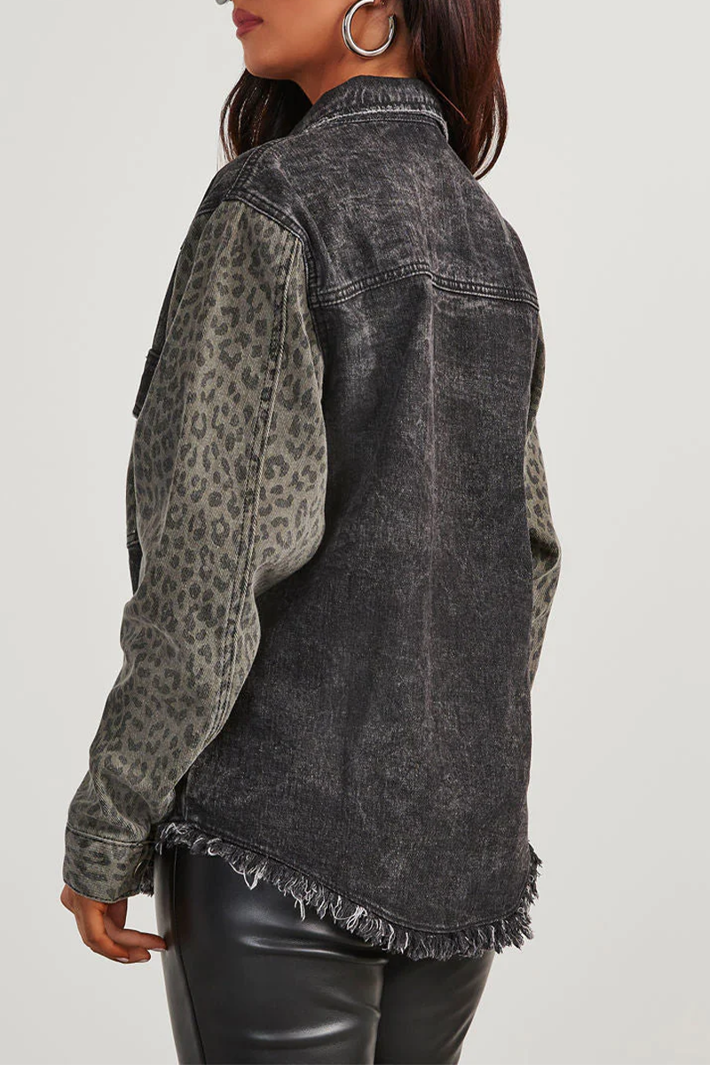 Leopard Distressed Denim Jacket with Turndown Collar Style