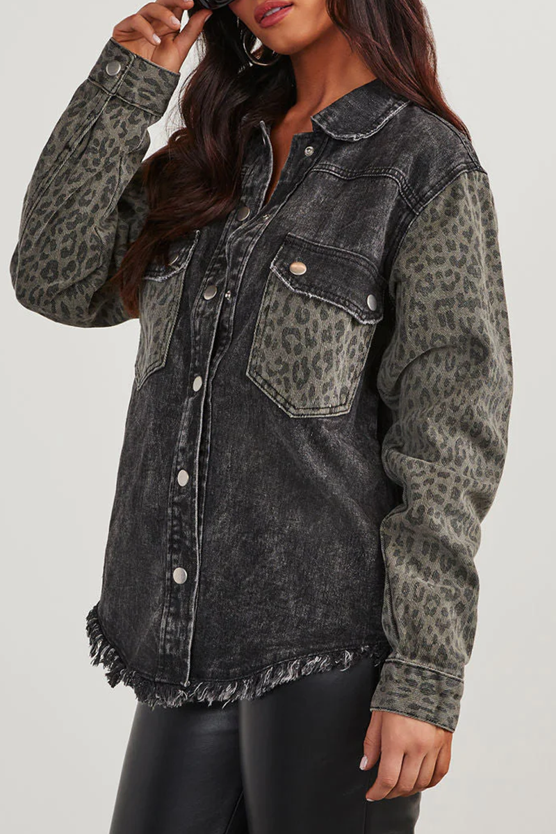 Leopard Distressed Denim Jacket with Turndown Collar Style