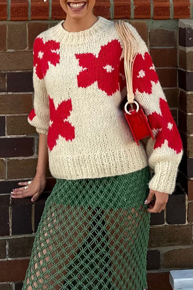 Flornana Casual Floral Weave O Neck Sweater for Everyday Style