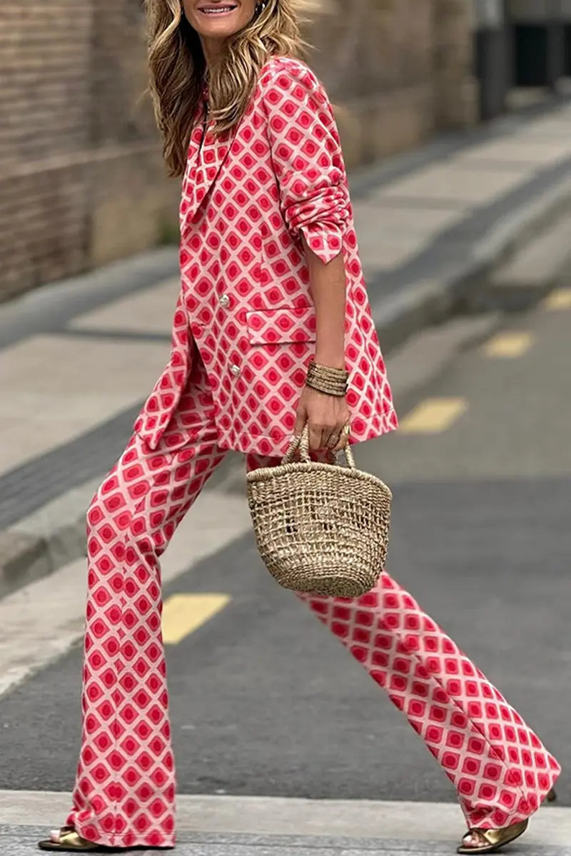 Casual Street Geometric Print Buttons Turn-back Collar Long Sleeve Two Pieces  Fashionpara