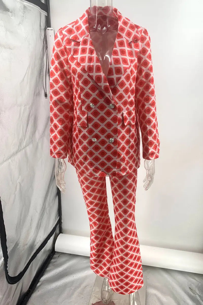 Casual Street Geometric Print Buttons Turn-back Collar Long Sleeve Two Pieces  Fashionpara