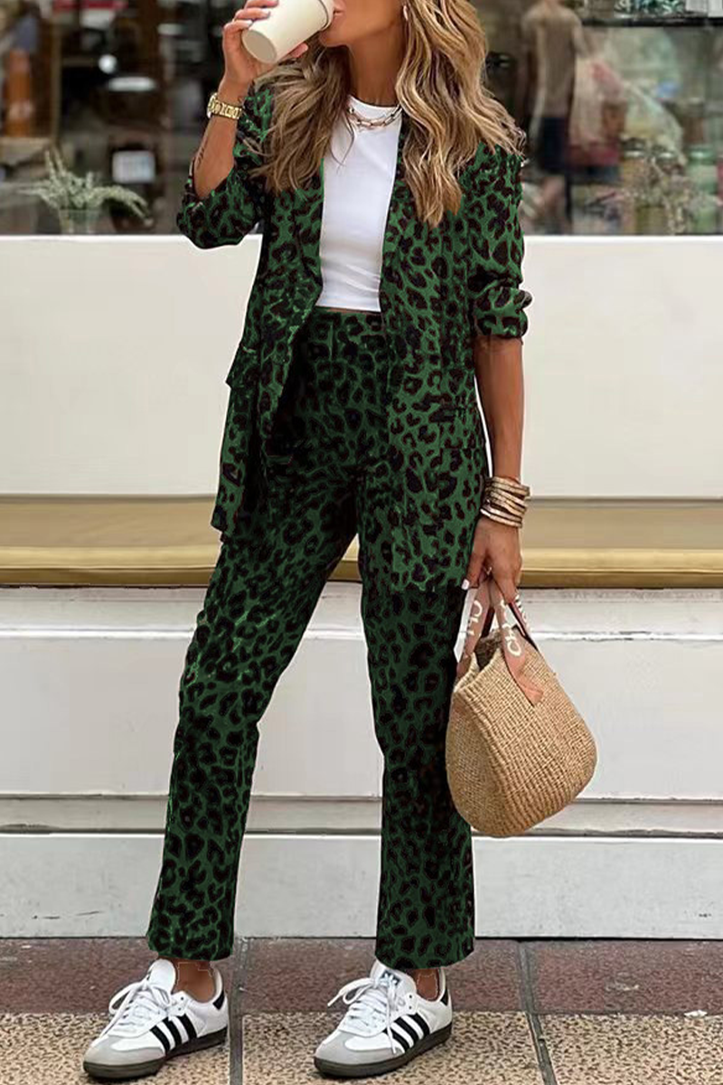 Casual Street Leopard Pocket Turn-back Collar Long Sleeve Two Pieces - Fashionpara