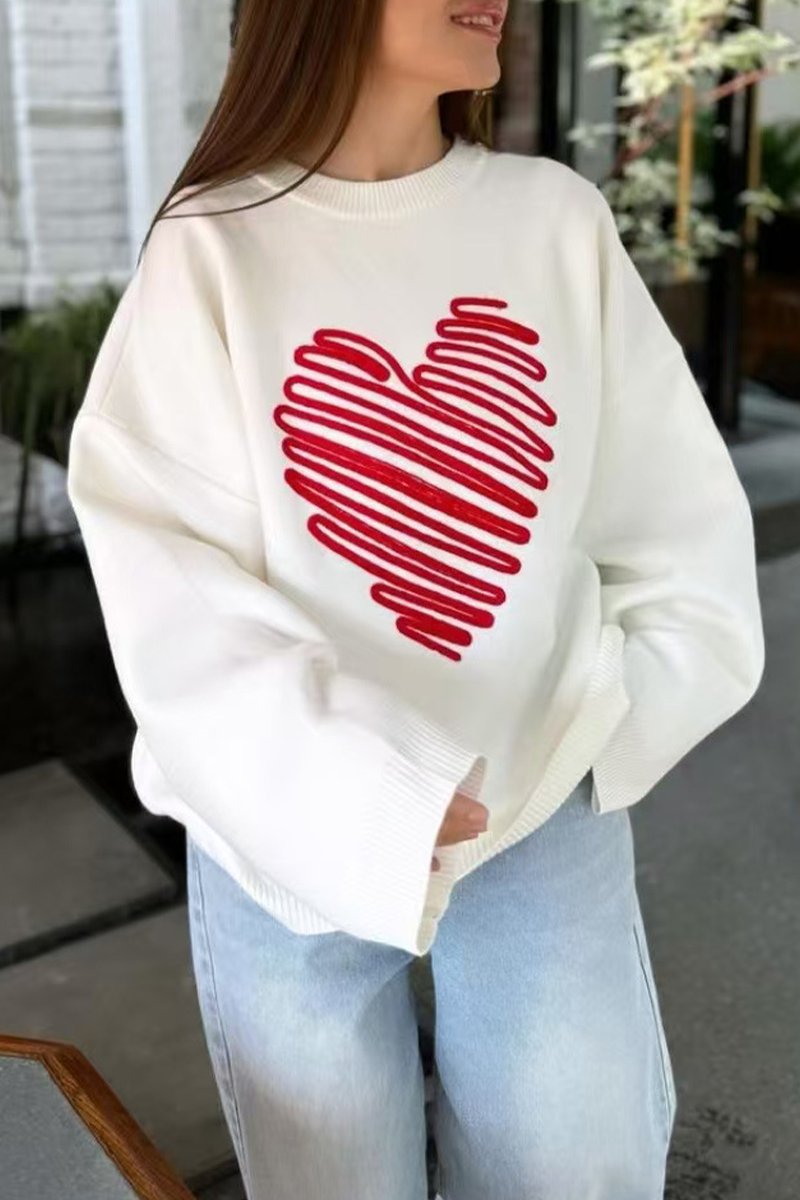 Florcoo Heart Shaped Patchwork O Neck Sweater for Casual Style