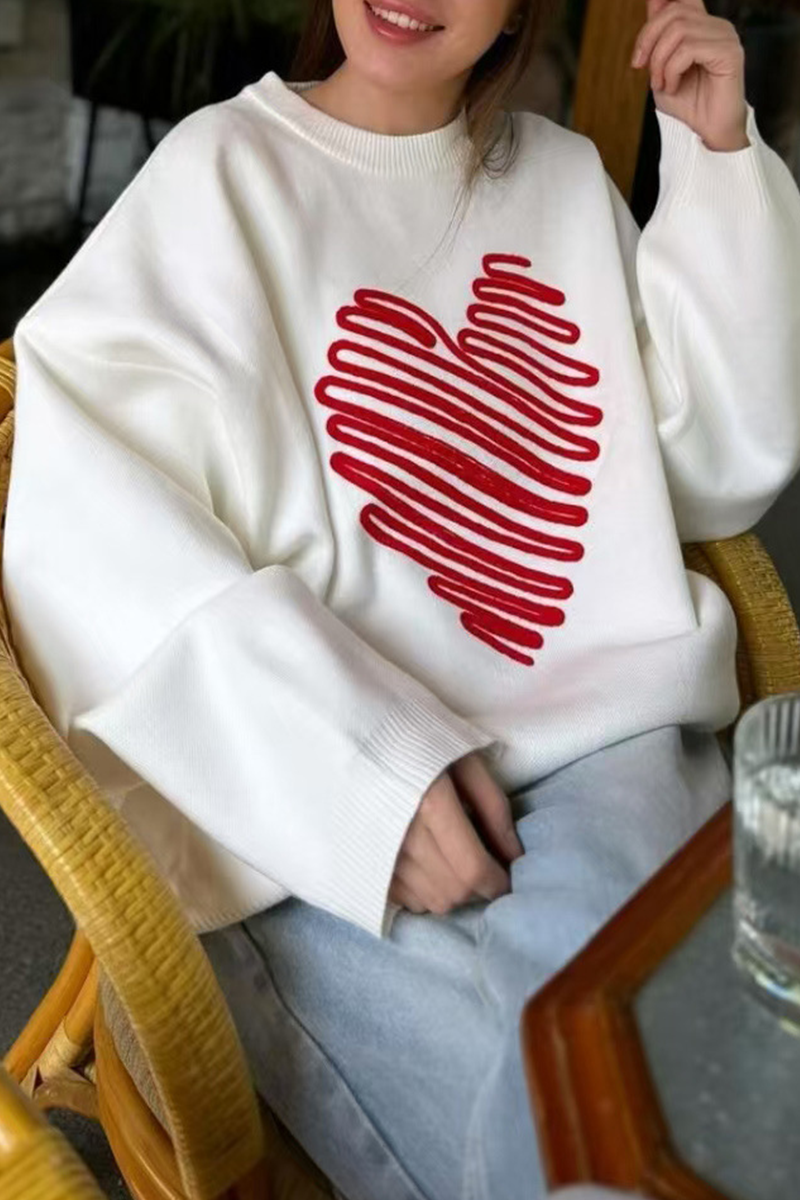 Florcoo Heart Shaped Patchwork O Neck Sweater for Casual Style